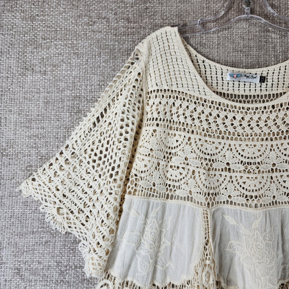 Angel Heart Boutique Open Crochet Tunic Top Womens Plus *1X Cream Babydoll Boho - Picture 2 of 12